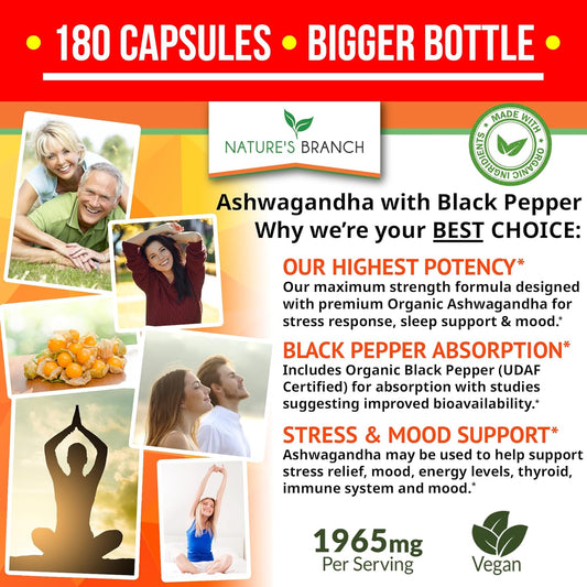 Organic Ashwagandha with Black Pepper - 180 Capsules - 1965mg Extra Strength for Stress and Mood, Sleep, Thyroid, Focus, Hair, Pure Root Extract Powder - 180 Vegan Supplements for Men and Women