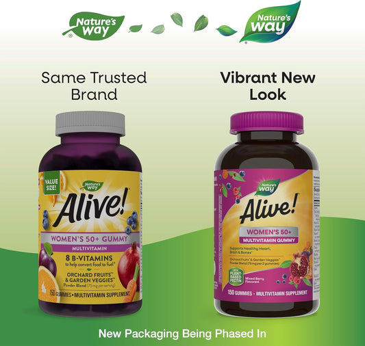 Nature'S Way Alive! Women’S 50+ Daily Gummy Multivitamins, Supports Multiple Body Systems*, Supports Healthy Heart, Brain & Bones,* B-Vitamins, Mixed Berry Flavored, 150 Gummies(Packaging May Vary)