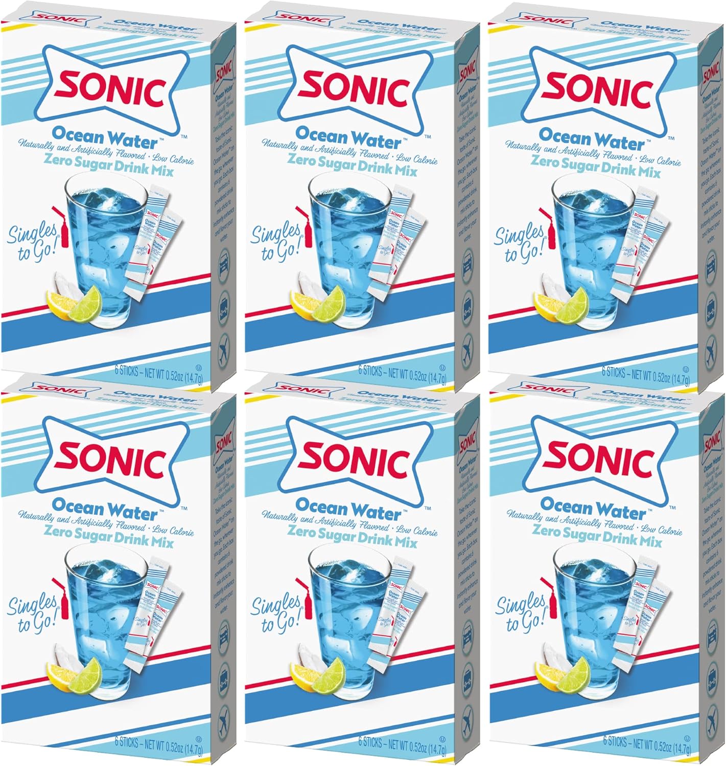 Sonic Singles To Go Powdered Drink Mix, Ocean Water, 6 Sticks Per Box, 6 Boxes Included (36 Sticks Total)