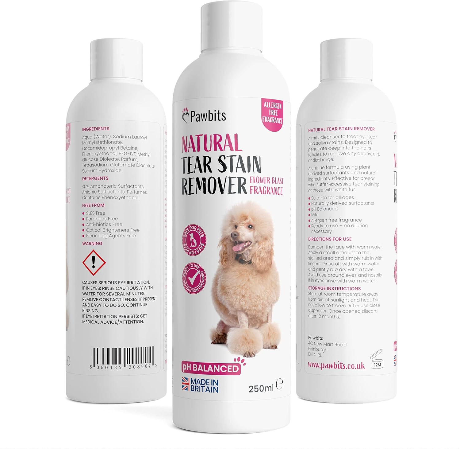 Pawbits Natural Tear Stain Remover for Dogs 250ml - Dog Tear and Saliva Cleanser to Remove Stains, Dirt and Discharge?M0650