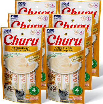 INABA Churu Cat Treats, Grain-Free, Lickable, Squeezable Creamy Purée Cat Treat/Topper with Vitamin E & Taurine, 0.5 Ounces Each Tube, 24 Tubes (4 per Pack), Chicken Recipe