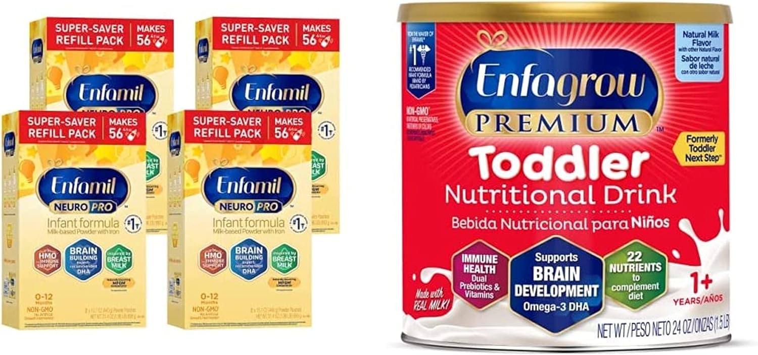 Enfamil & Enfagrow Bundle - Neuropro Baby Formula Refill Box 31.4 Oz (Pack Of 4) And Enfagrow Toddler Nutritional Drink 24 Oz. Powder Can