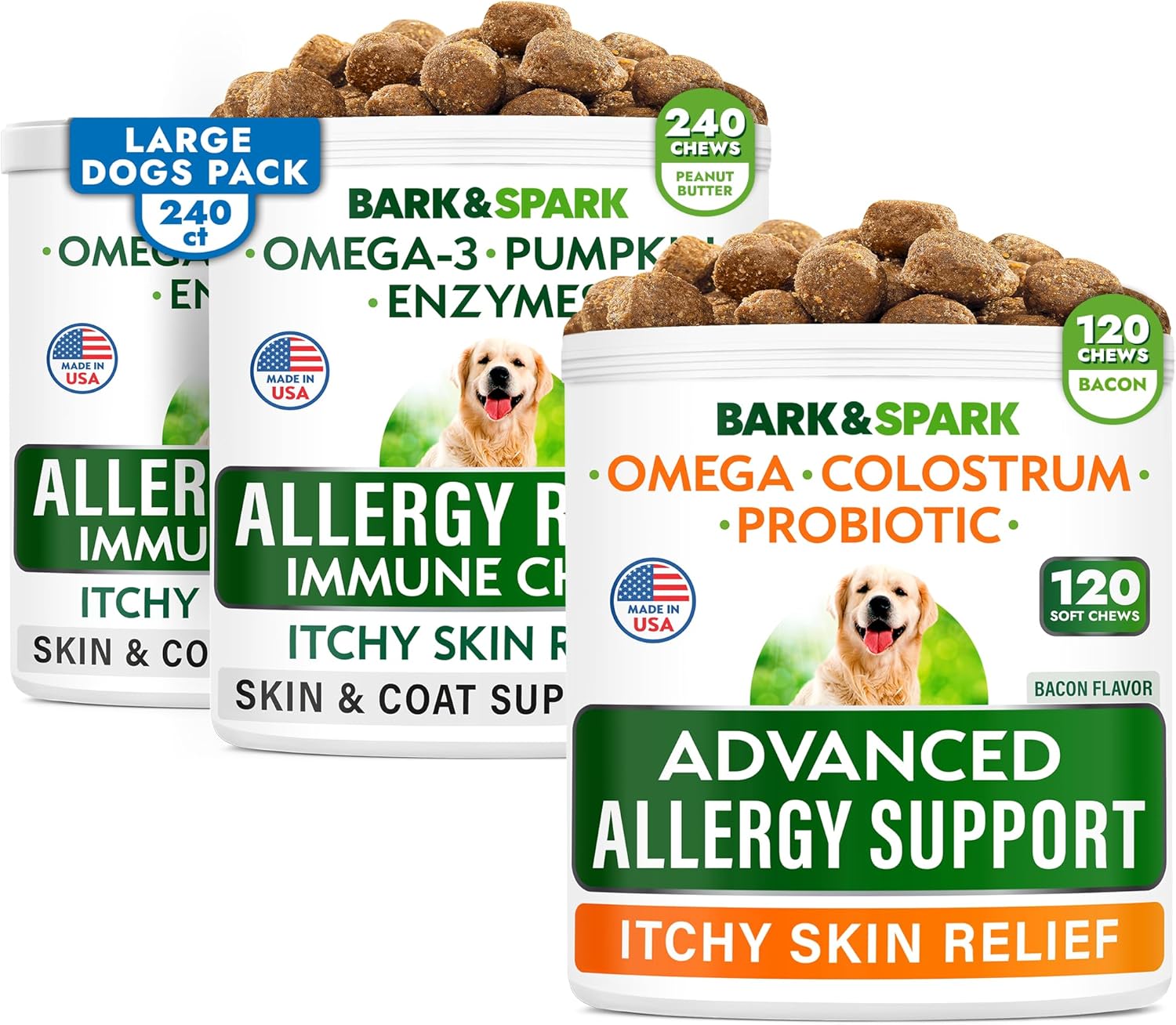 Allergy Relief + Advanced Allergy Bundle - Anti-Itch&Hot Spots + Itchy Skin Relief Pills - Omega 3 + Pumpkin+ Enzymes + Probiotics - Immune Supplement + Anti Itching Licking - 360 Chews - Made In Usa