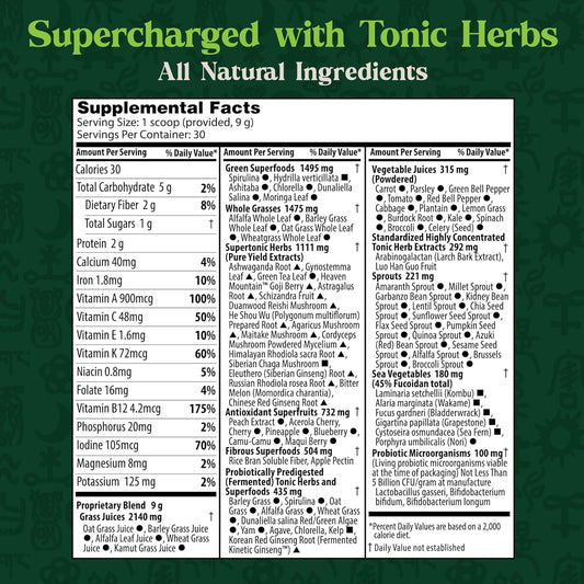 Dragon Herbs Tonic Alchemy Greens Superfood Powder - Greens Powder with Tonic Herbs, Mushrooms, Prebiotics, Probiotics, Super Greens, Seaweeds, Fruits, Vegetables, Chlorella, Spirulina - 30 Servings