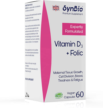 Synbio Premium - Vitamin D3 + Folic Acid | 60 Capsules | Vegan Certified | Nut Free | Soya Free | Dairy Free | Yeast Free | Made In The Uk |