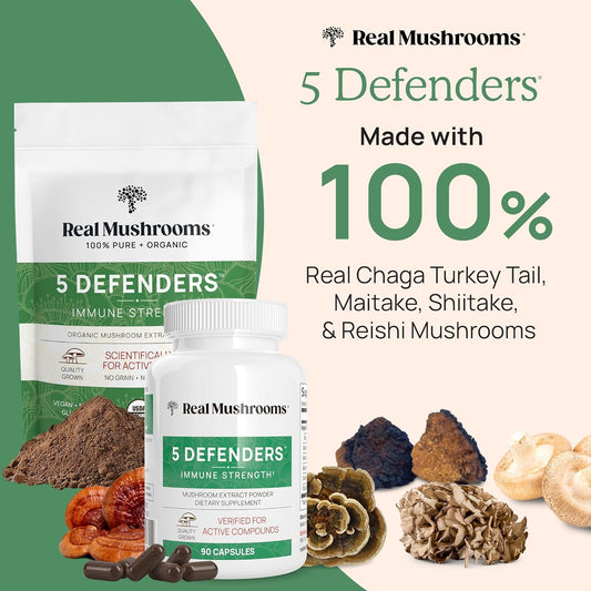 Real Mushrooms 5 Defenders Powder - Organic Mushroom Extract W/ Chaga, Shiitake, Maitake, Turkey Tail, & Reishi - Mushroom Supplement - Vegan, Non-Gmo, 45 Servings