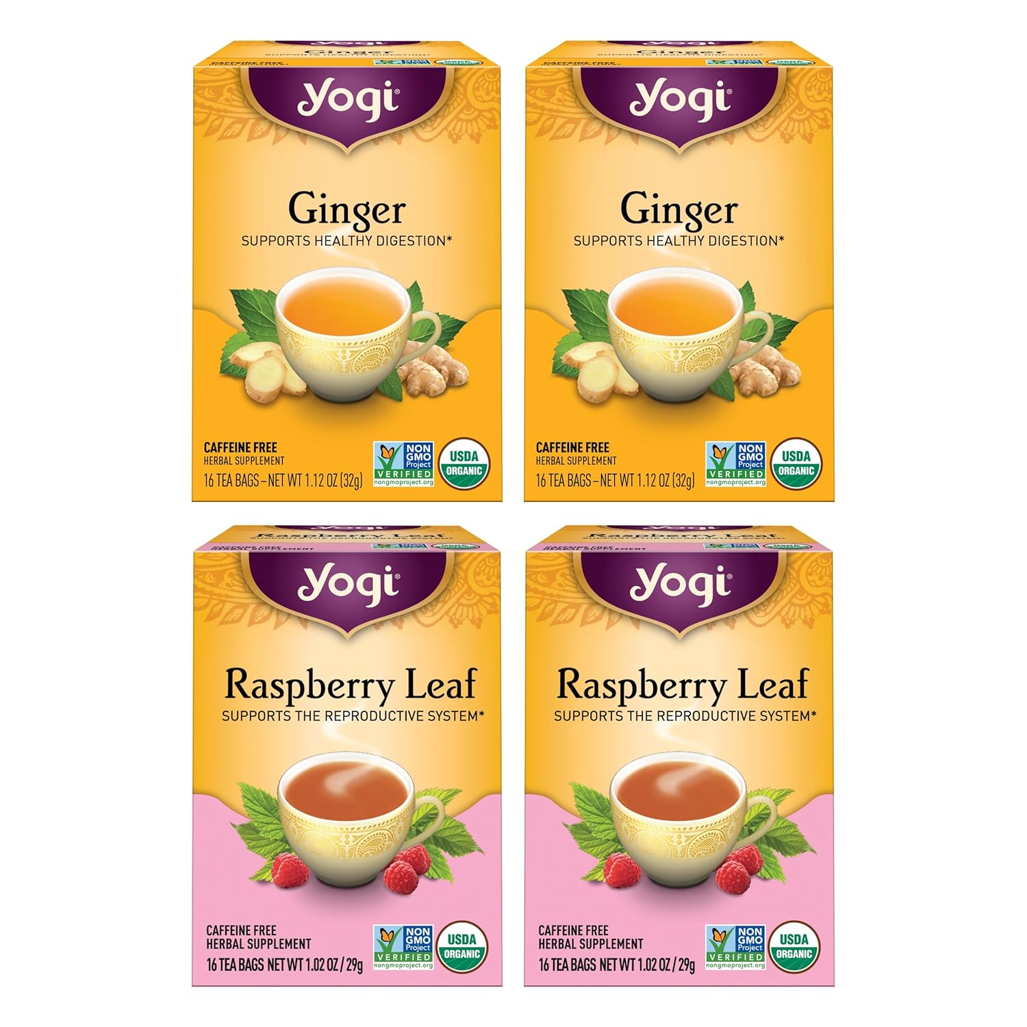 Yogi Tea Women'S Wellness Variety Pack 4Pk - 16 Tea Bags Per Pack (4 Packs) - Supports Moon Cycle And Digestion - Includes (2 Boxes Each) Of Ginger & Raspberry Leaf - Organic Caffeine-Free Teas