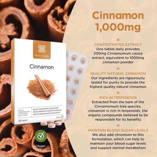 Healthspan Cinnamon 1,000Mg (120 Tablets) | Supports Metabolism | Added Chromium To Maintain Blood Sugar Levels | Inspired By Ayurvedic Culture & Chinese Herbal Medicines | Vegan