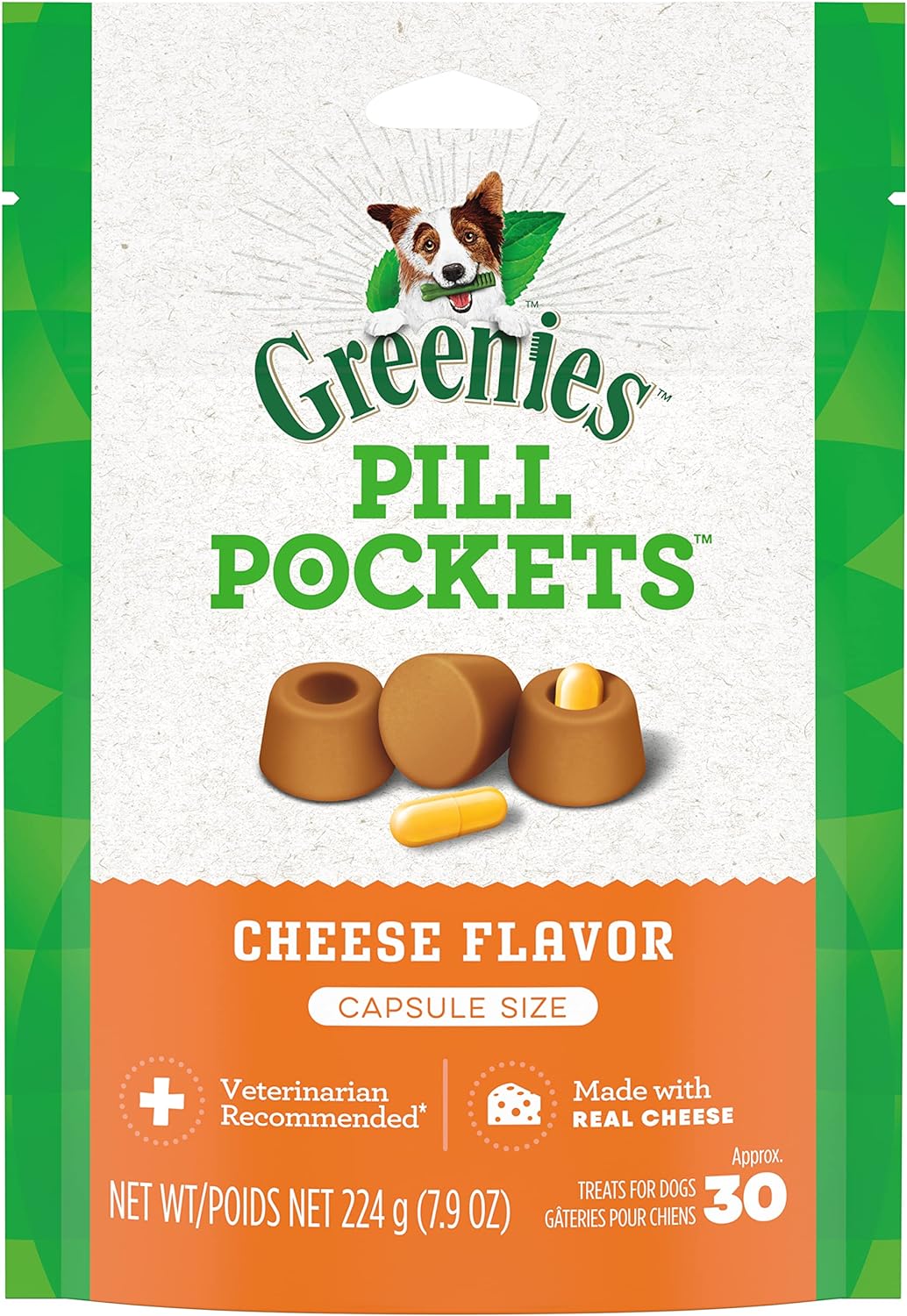 GREENIES PILL POCKETS for Dogs Capsule Size Natural Soft Dog Treats, Cheese Flavor, 7.9 oz. Pack (30 Treats)