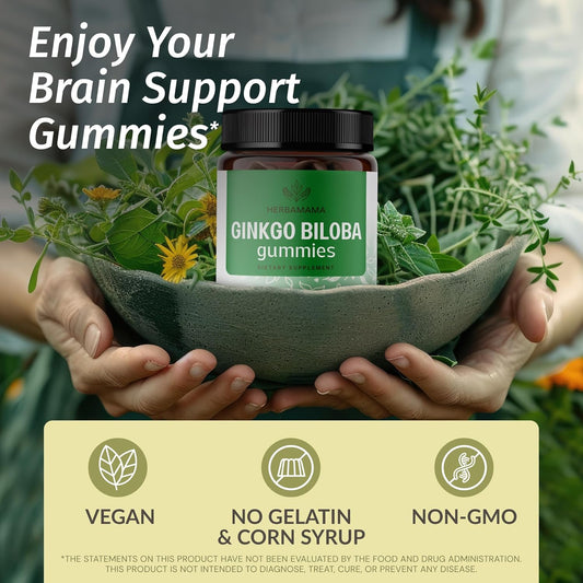 Herbamama Ginkgo Biloba Gummies - Ginkgo Biloba 120 Mg Brain Health Supplements For Adults - Vegan, Gelatin-Free, Non-Gmo - 90 Apple-Flavored Brain Support Chews