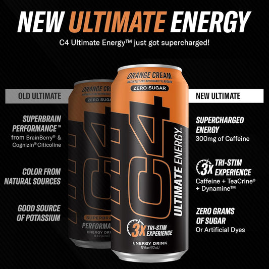 C4 Ultimate | Pre Workout Sugar Free Energy Drink | Tri-Stim Experience With 300Mg Caffeine + Teacrine + Dynamine | Orange Cream| 16Oz (Pack Of 12)