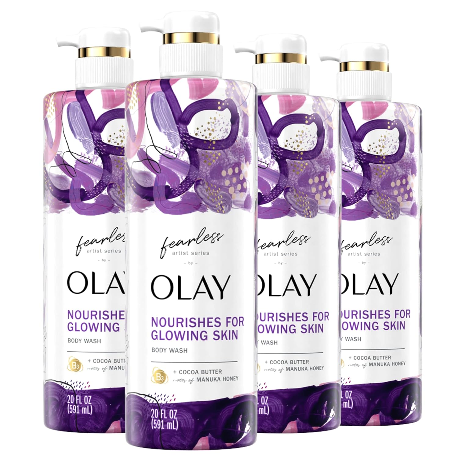 Olay Fearless Moisturizing Body Wash For Women With Cocoa Butter And Notes Of Manuka Honey Artist Series 20 Fl Oz (Pack Of 4)