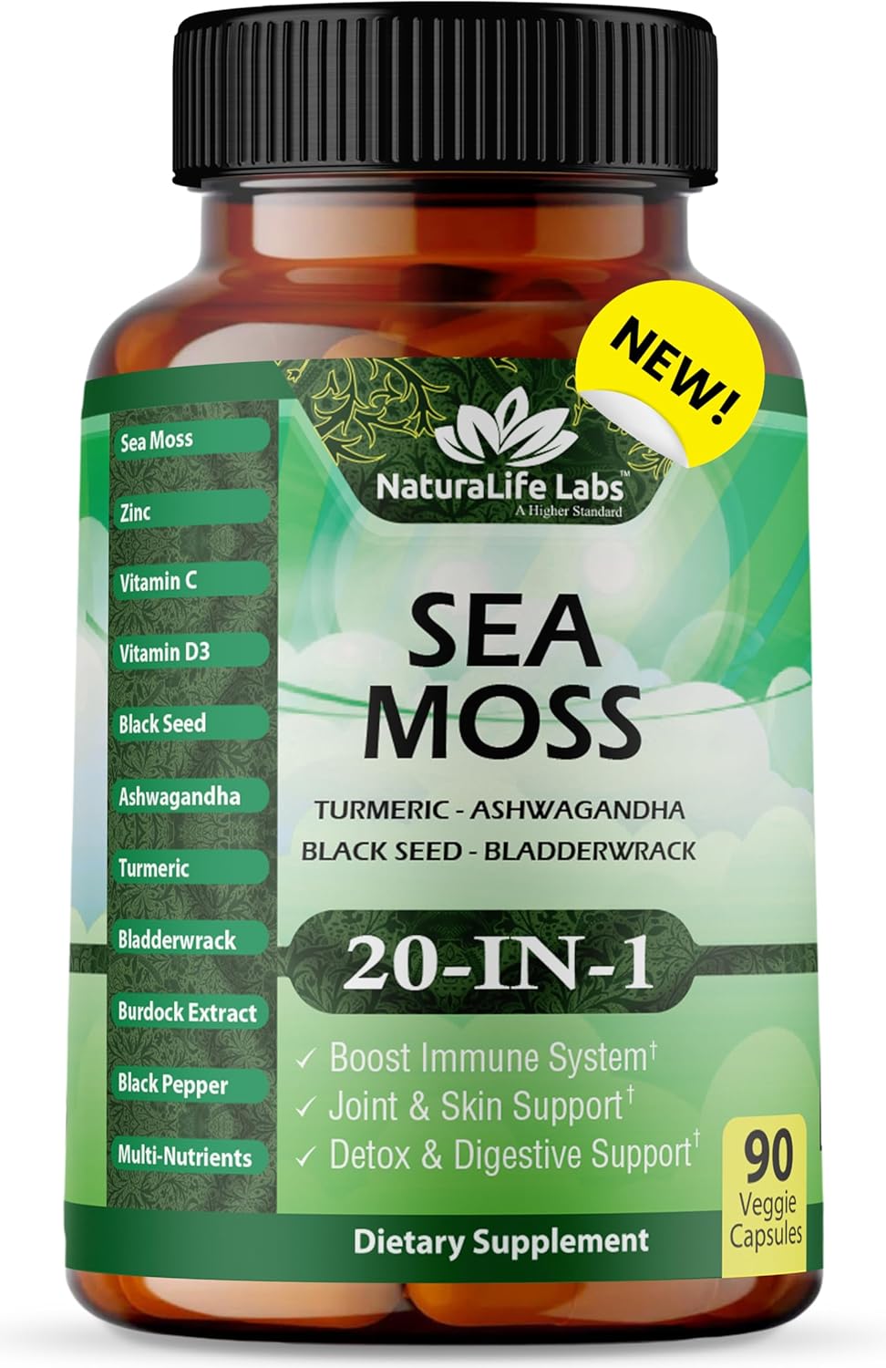 Sea Moss 6000Mg - Black Seed Oil 2500Mg - Bladderwrack 2000Mg - Turmeric 1500Mg Ashwagandha 1000Mg - Burdock 1000Mg - Vitamin C, D3, Yellow Dock Root, Manuka, Dandelion - 90 Veggie Caps