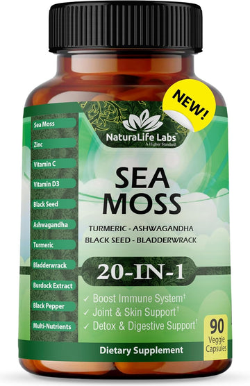 Sea Moss 6000Mg - Black Seed Oil 2500Mg - Bladderwrack 2000Mg - Turmeric 1500Mg Ashwagandha 1000Mg - Burdock 1000Mg - Vitamin C, D3, Yellow Dock Root, Manuka, Dandelion - 90 Veggie Caps