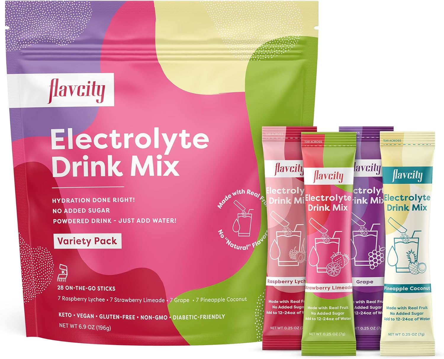 FlavCity Electrolytes Drink Mix, Variety Pack, 28 On-The-Go Stick Packs - Healthy Electrolytes Powder Packets Made with Real Fruit - Keto Powdered Drink with No Added Sugar, Gluten-Free
