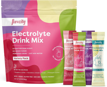 FlavCity Electrolytes Drink Mix, Variety Pack, 28 On-The-Go Stick Packs - Healthy Electrolytes Powder Packets Made with Real Fruit - Keto Powdered Drink with No Added Sugar, Gluten-Free