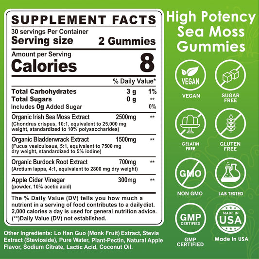 Sea Moss Gummies- Immune & Thyr0Id Support, Organic Irish Sea Moss Supplement For Adults & Kids W/Burdock Root, Bladderwrack, Apple Cider Vinegar - Gut, Skin Health, Sugar Free, Vegan, 60Cts