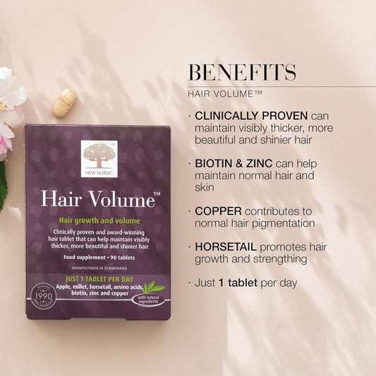 New Nordic Hair Volume 90 Tablets - Clinically Proven Hair Growth Vitamins - Biotin, Zinc & Apple - Visibly Thicker & Shiny Hair - For Women & Men