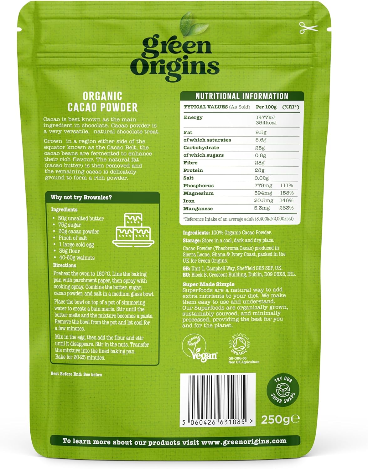 Green Origins Organic Cacao Powder 250G