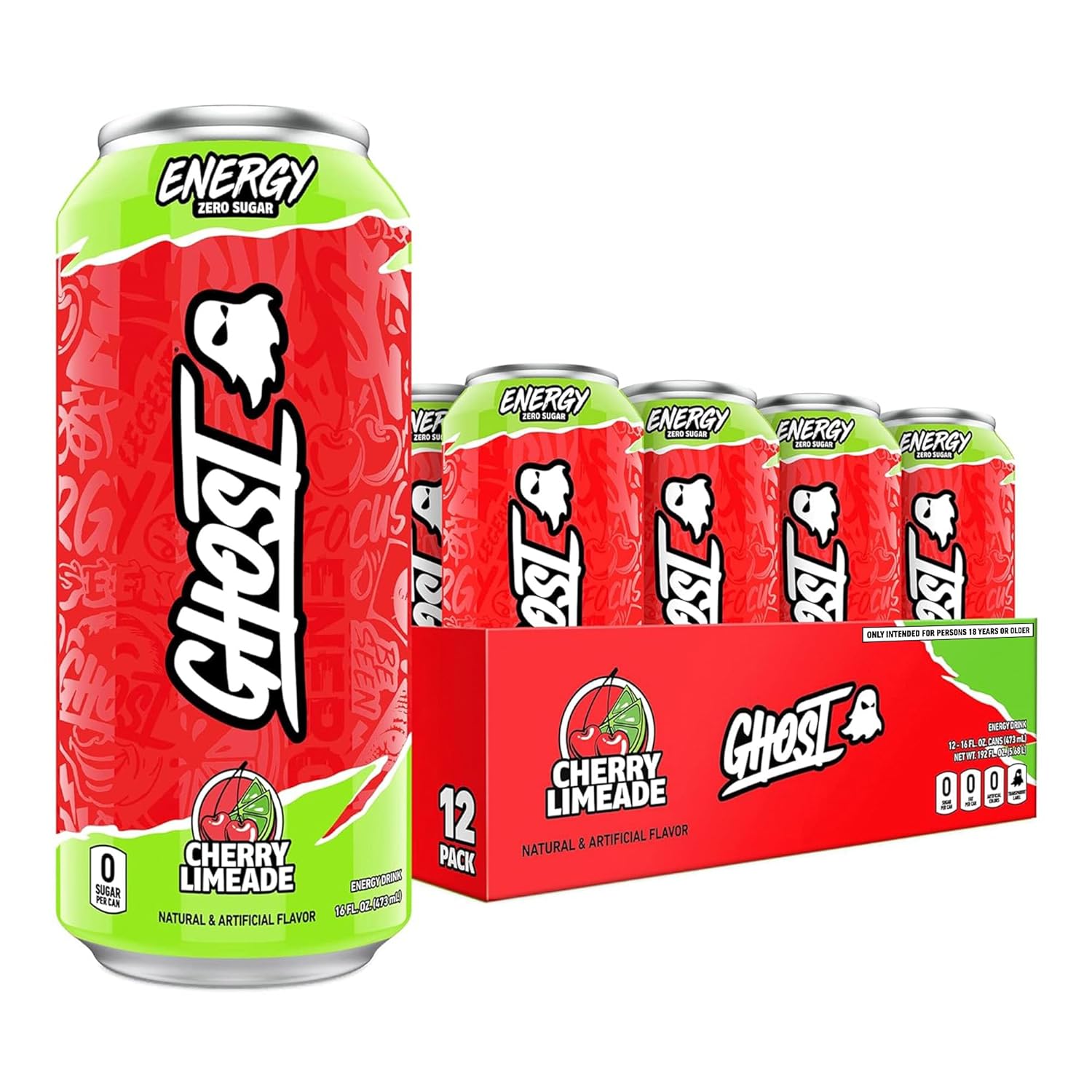 Ghost Energy Drink - 12-Pack, Cherry Limeade, 16Oz - Energy & Focus & No Artificial Colors - 200Mg Of Natural Caffeine, L-Carnitine & Taurine - Gluten-Free & Vegan