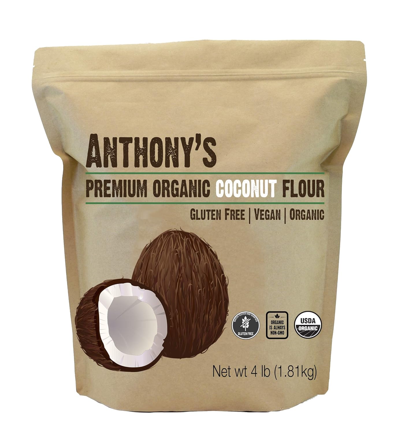 Anthony'S Organic Coconut Flour, 4 Lb, Batch Tested Gluten Free, Non Gmo, Vegan, Keto Friendly