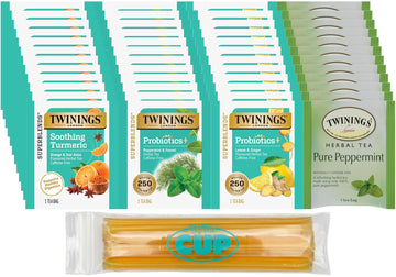 Twinings Love Your Gut Sampler, Turmeric, Orange & Anise, Peppermint & Fennel, Lemon & Ginger, Pure Peppermint (Pack of 48) with By The Cup Honey Sticks