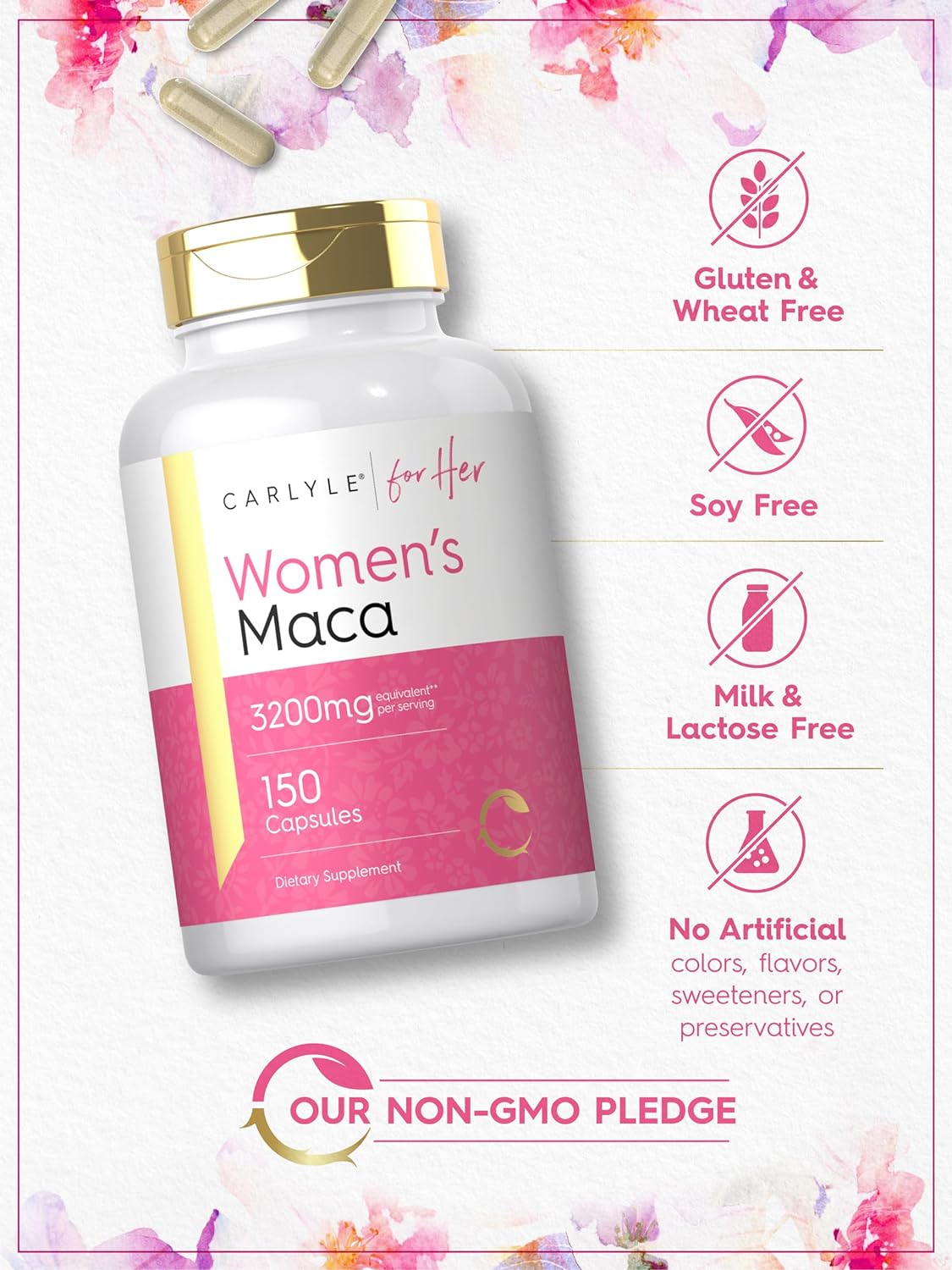 Carlyle Maca Root Capsules for Women 3200mg | 150 Count | Non-GMO, Gluten Free Supplement | for Her : Health & Household