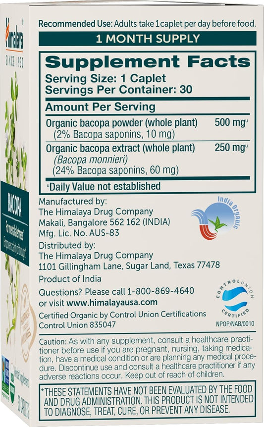 Himalaya Organic Bacopa Monnieri Nootropic Herbal Supplement, Mental Alertness, Supports Calm, Memory, Cognition, Usda Certified Organic, Non-Gmo, 750 Mg, 30 Plant-Based Caplets, 30 Day Supply