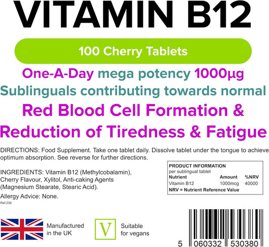 Lindens Vitamin B12 1000mcg Cherry Flavour Sublingual Tablets - 100 Pack - for Red Blood Cell Formation and Fatigue Reduction - Fast Absorption - UK Manufacturer, Letterbox Friendly