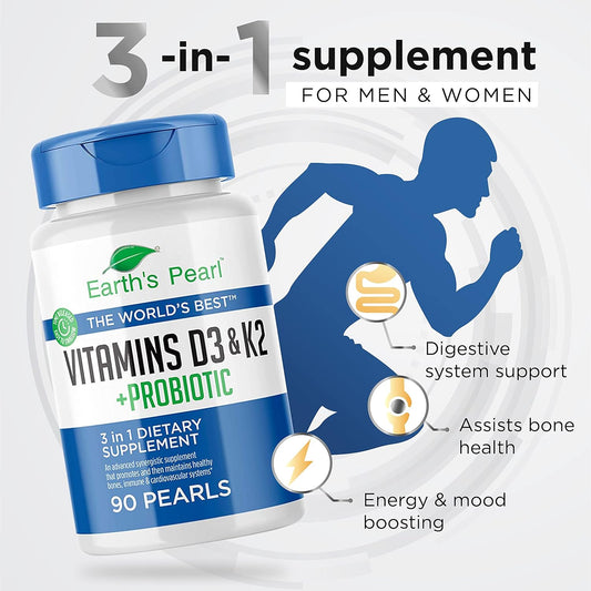 Earth'S Pearl Vitamin D3 K2 5000 Iu - 3-In-1 Vitamin K2 D3 Probiotics For Women And Men - 90 Day Supply K2 D3 Vitamin Supplement 5000 Iu - Gut Health Supplements For Women And Men