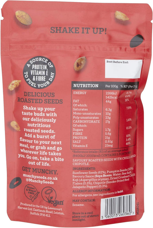 Munchy Seeds Mild Chilli Sunflower, Pumpkin, Protein Snack, Seed Mix For Eating, Plant-Based Source Of Protein, Fibre & Vitamin E, Mildly Spicy Flavour, Vegan Snacks For Kids & Adults - 125G