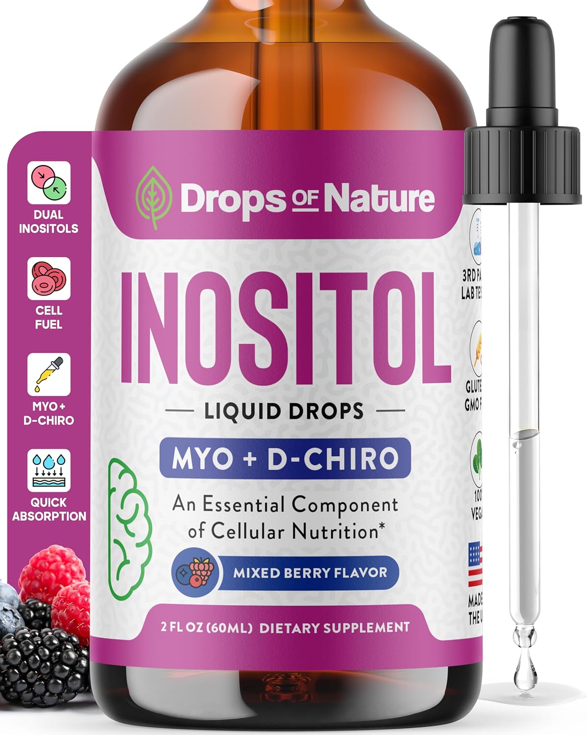 Inositol Liquid Drops Supplement – D Chiro And Myo Inositol Supplement For Women – Vegan, Gmo-Free, Easy Liquid Dose – Supports Balance, Clarity, Cellular Health & General Wellness (Mixed Berry, 60Ml)