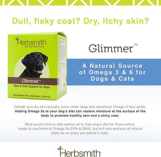 Herbsmith Glimmer - Dog Healthy Skin And Coat + Dog Treatment For Dry Itchy Skin - Omega-3 Supplement For Dogs - 60Ct Small Chews