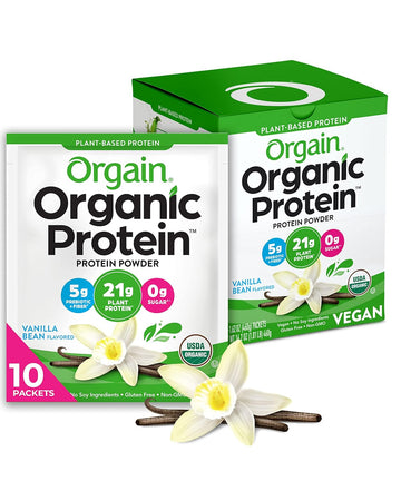 Orgain Organic Vegan Protein Powder, Vanilla Bean - 21G Plant Protein, 5G Prebiotic Fiber, Low Carb, No Lactose Ingredients, No Added Sugar, Non-Gmo, For Shakes & Smoothies, 10 Travel Packs