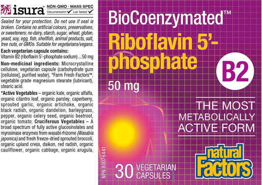 BioCoenzymated, B2, Riboflavin 5'-Phosphate, 50 mg, 30 Vegetarian Capsules, Natural Factors