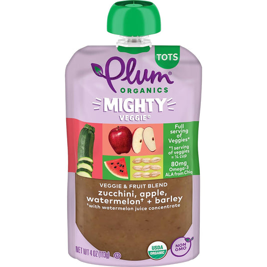 Plum Organics | Mighty Veggie Blends | Organic Baby Food Meals [12+ Months] | Zucchini, Apple, Watermelon & Barley | 4 Ounce Pouch (Pack Of 12) Packaging May Vary