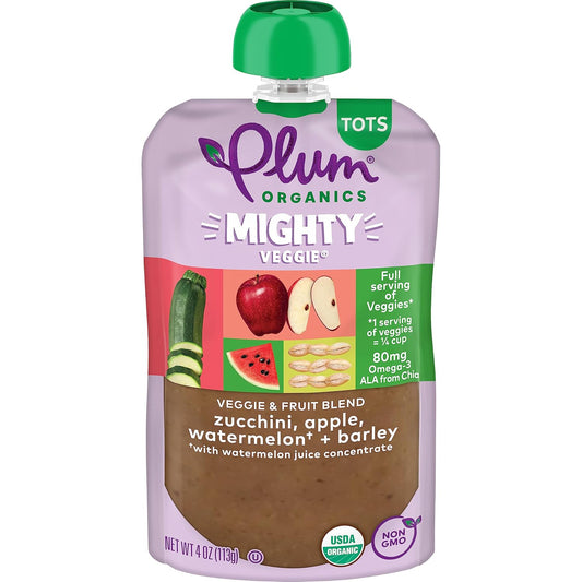 Plum Organics | Mighty Veggie Blends | Organic Baby Food Meals [12+ Months] | Zucchini, Apple, Watermelon & Barley | 4 Ounce Pouch (Pack Of 12)