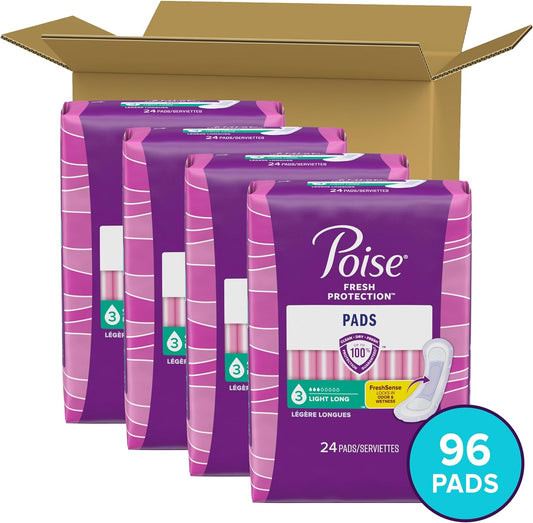 Poise Incontinence Pads & Postpartum Incontinence Pads, 3 Drop Light Absorbency, Long Length, 96 Count (4 Packs Of 24), Packaging May Vary