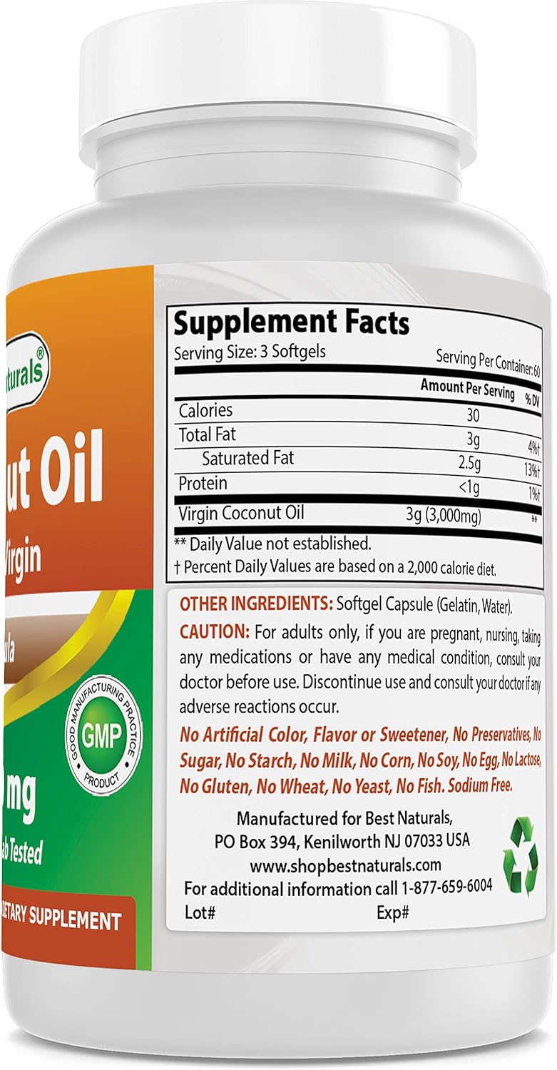Best Naturals Extra Virgin Coconut Oil 1000 Mg Softgel, 180 Count : Health & Household