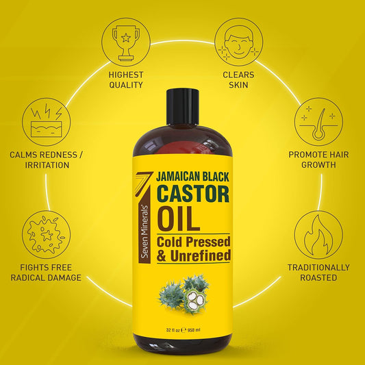 Seven Minerals, Pure Jamaican Black Castor Oil - Big 32 Fl Oz Bottle - Unrefined & Hexane Free - For Hair Growth, Thicker Eyelashes & Eyebrows, Dry Skin, Healing, Hair Care