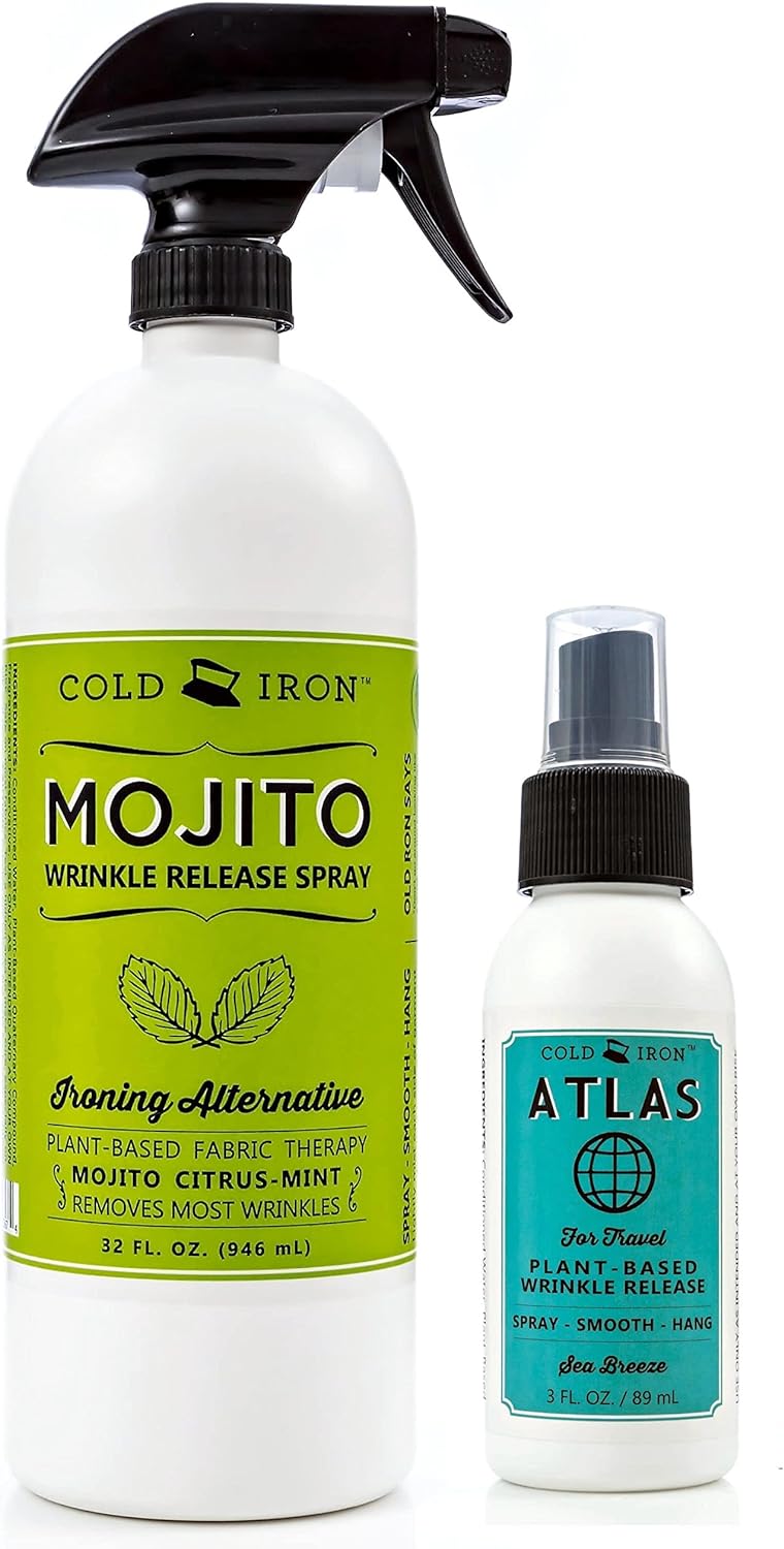 Wrinkle Release Spray for Clothes. 32 fl oz. Citrus Mint & Atlas Travel Size 3 fl oz Sea Breeze. Fast, Easy to Use Ironing Alternative. Spray, Smooth, Hang. Award Winning