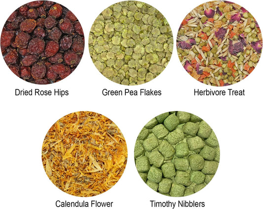 Chinchilla Treat Sampler - Healthy Natural Assorted Variety Treat Package - Rose Hips, Pea Flakes, Calendula Flowers, Timothy Puff Sticks & More - For Pet Chinchilla & Other Herbivores