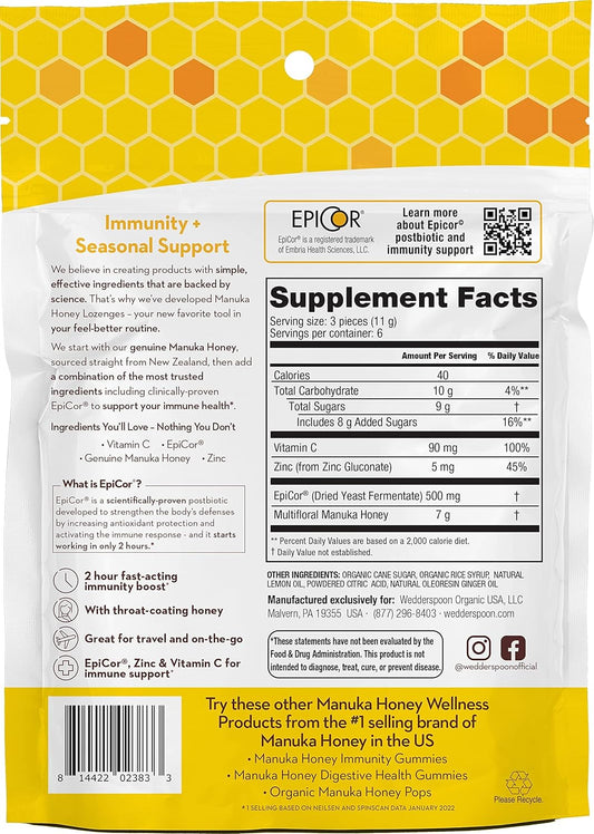 Wedderspoon Manuka Honey Immunity Lozenges with Epicor, Zinc, Vitamin C ? Lemon & Ginger, 2.6 Oz (Pack of 1), Boosts Immunity Within Two Hours