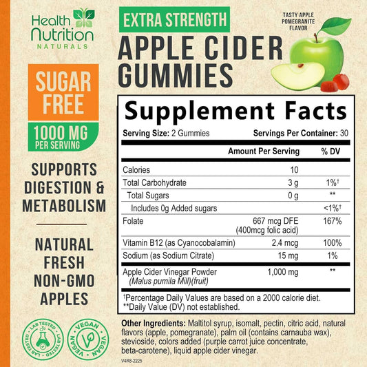 Apple Cider Vinegar Gummies - Sugar Free Acv Gummy Vitamins, Max Strength 1000Mg, Supports Metabolism & Energy, Keto Friendly, Vitamin B12, Gelatin-Free, Gluten-Free, Vegan & Non-Gmo - 120 Gummies