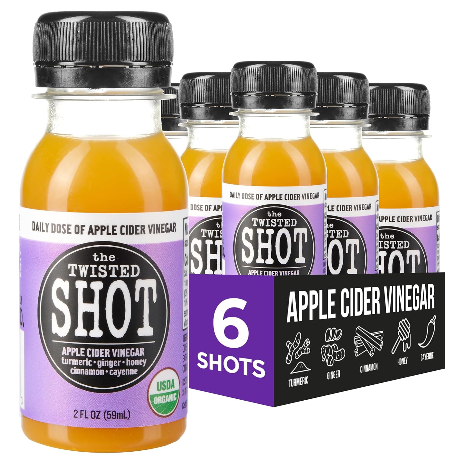 The Twisted Shot | Organic Apple Cider Vinegar Wellness Shots With Ginger, Turmeric, Honey, Cinnamon And Cayenne | Digestion, Immunity And Gut Health Support | Ready To Drink | 6, 2 Oz Mini Bottles