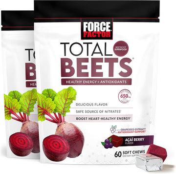 Force Factor Total Beets Soft Chews With Beetroot, Nitrates, L-Citrulline, Grapeseed Extract, & Antioxidants, Healthy Energy Supplement With Elite Ingredients For Heart, Superfood, 120 Count, 2-Pack