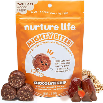 Nurture Life Mighty Bites - Chocolate Chip - Healthy Snacks for Kids & Toddlers Made with Oats Sunflower Seed Butter, Dates, Chia Seeds and Chocolate Chips - Plant-Based, Low-Sugar, High Fiber - 15 Pieces (Pack of 1)