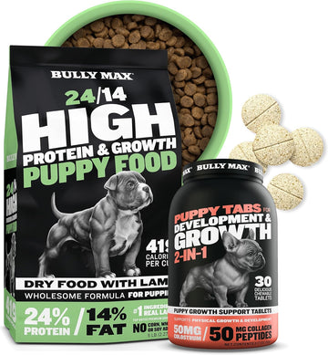 Bully Max 24/14 High Protein Puppy Dry Dog Food & 2-In-1 Chewable Vitamin Tablets Bundle For Growth And Development - Lamb And Rice - Supplements For Puppies, Small To Large Breed - 5 Lbs + 30 Tabs