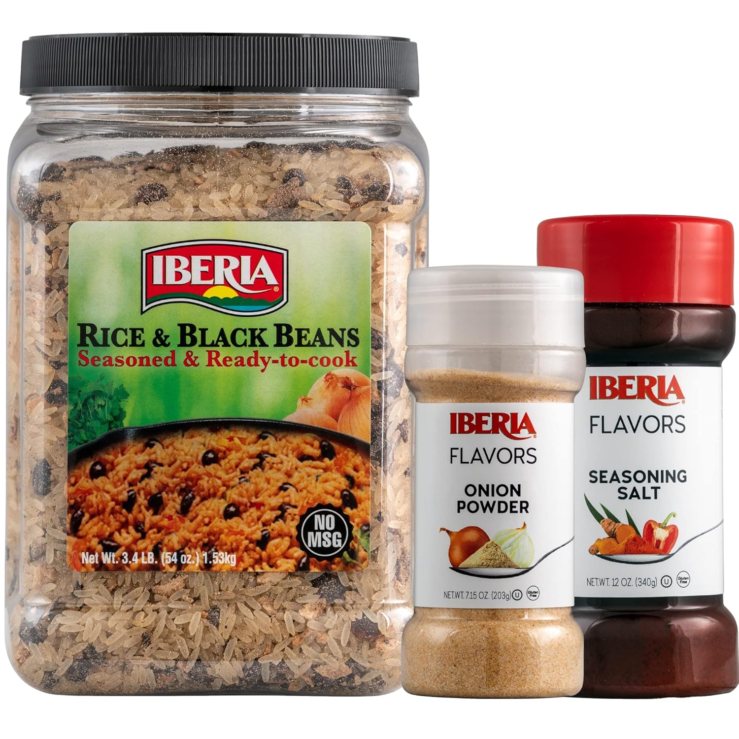 Iberia Seasoning Salt, 12 Oz + Iberia Onion Powder, 7.5 Ounce + Iberia Rice and Black Beans Jar 3.4 lb. : Grocery & Gourmet Food