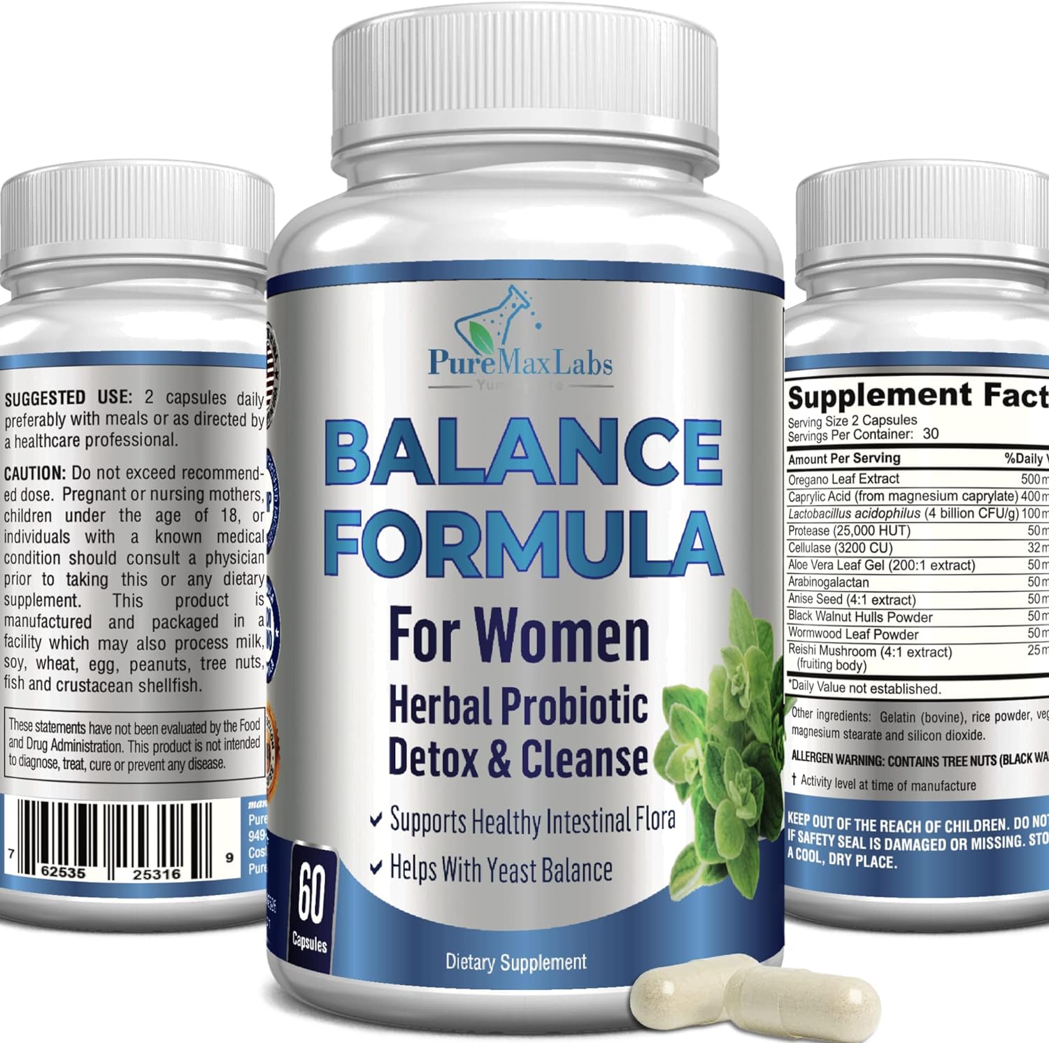 Balance Complex for Women - for Vaginal Health, Herbal Detox & Cleanse, Vaginal Probiotics, Supports Healthy Intestinal Flora, Helps with Yeast Infections 60 Capsules